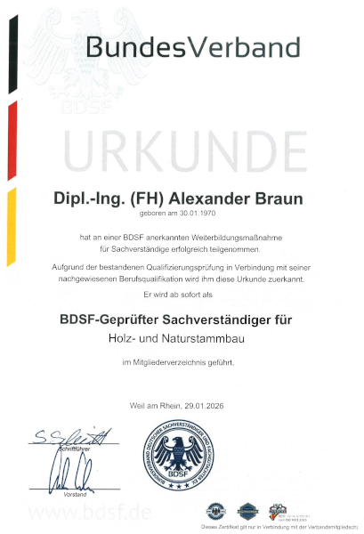 Urkunde BDSF-geprüfter Sachverständiger für Holz- und Naturstammbau