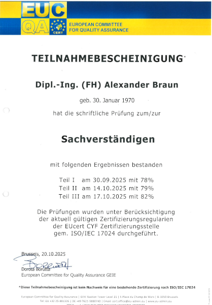 European Commitee for Quality Assurance: Alexander Braun hat die Prüfung zum Sachverständigen bestanden