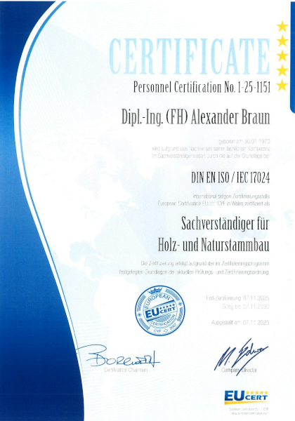 DIN-Zertifikat BDSF-geprüfter Sachverständiger für Holz- und Naturstammbau